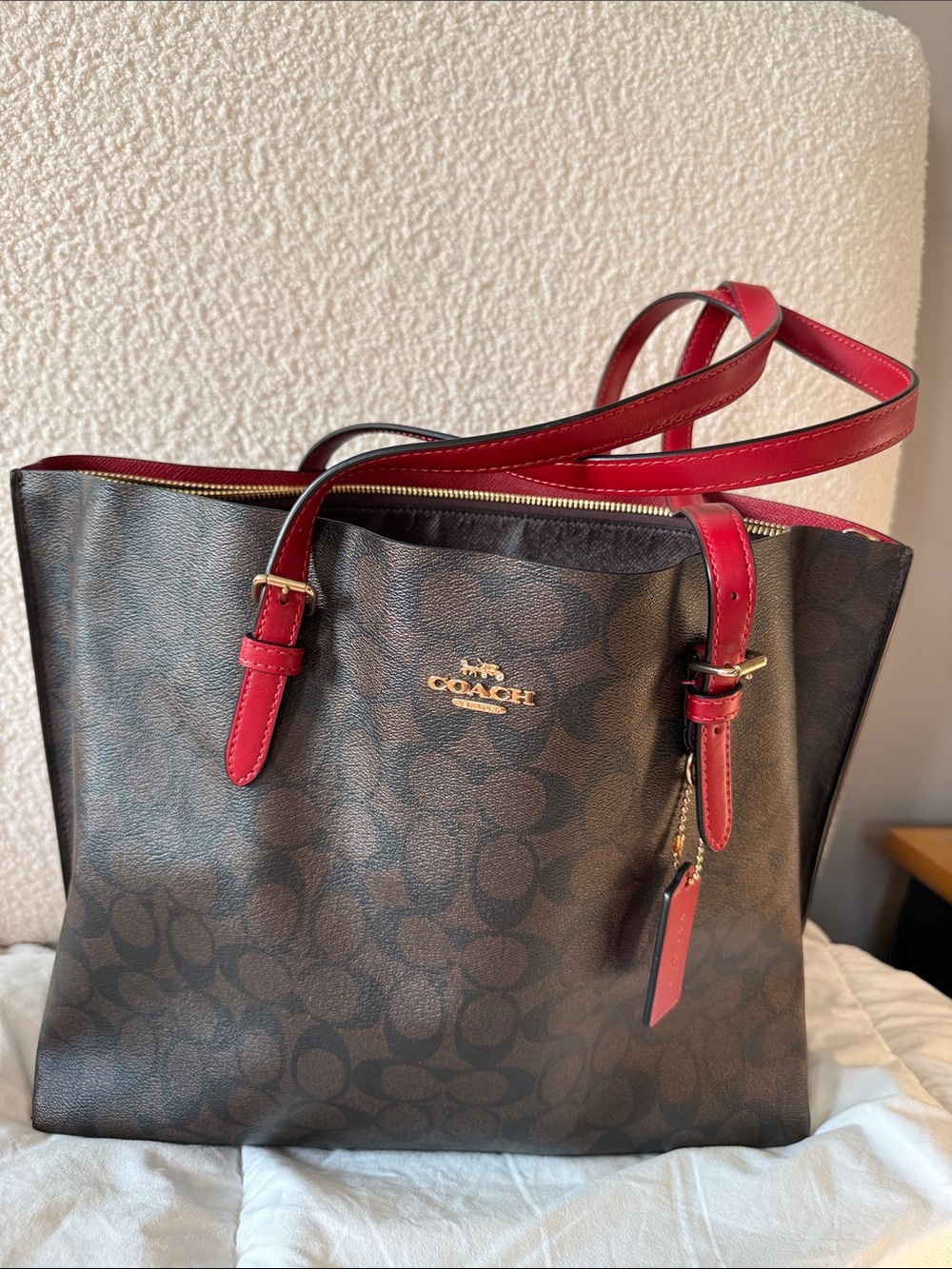Coach Brown Signature Tote with Red Leather Straps